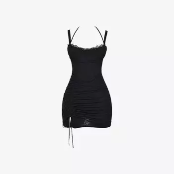 Корсетное мини-платье из эластичной сетки с кружевной отделкой и сборками по бокам Mistress Rocks, черный