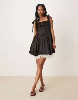 Корсетное мини-платье с кружевом и бисером на плечах, черное Lace & Beads