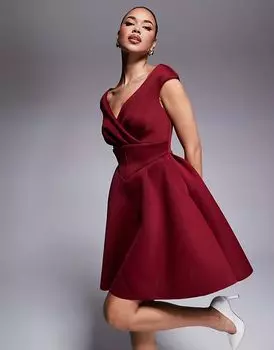 Корсетное облегающее мини-платье с клешем винного цвета Goddiva