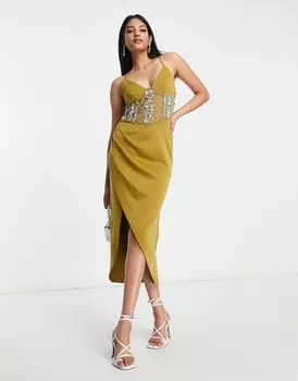 Корсетное платье миди цвета хаки с разрезом и украшениями ASOS DESIGN