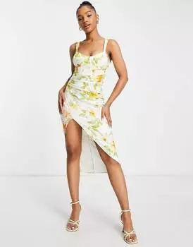 Корсетное платье миди с драпировкой и цветочным принтом ASOS DESIGN