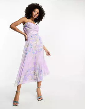 Корсетное платье миди с мягким воротником спереди ASOS DESIGN с сиреневым цветочным принтом