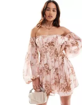 Корсетное платье мини с розовым цветочным принтом и бахромой ASOS DESIGN