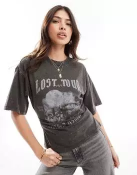 Корсетный корсет на талии ASOS DESIGN темно-серого цвета с графикой Lost Tour Rock и декором, закрепившимся при помощи термофиксации