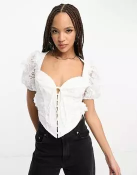 Корсетный топ Asos Design Tie Front With Puff Sleeve 3D Floral Lace, белый