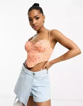 Корсетный топ Frolic персикового цвета с тропическим цветочным принтом и ремешками The Frolic