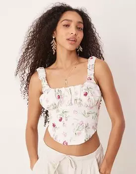 Корсетный топ Gina Tricot с принтом роз и шнуровкой на спине, белый цвет