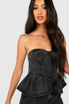 Корсетный топ из денима с баской по низу Boohoo, черный