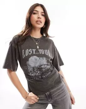 Корсетный топ на талии ASOS DESIGN с изображением Lost Tour Rock и закрепкой по всей поверхности угольного цвета