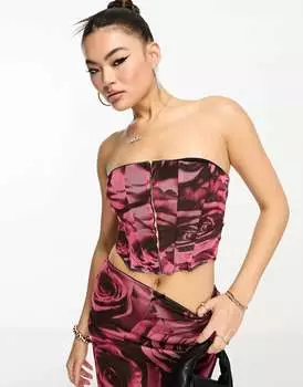 Корсетный топ с крючками и проушинами ASOS с розовым принтом