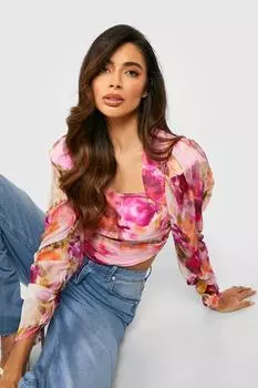 Корсетовый топ из шифона с принтом, длинными рукавами Boohoo, розовый