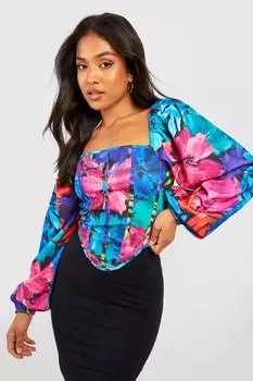 Корсетовый топ petite с цветочным рукавом и округным номом Boohoo, разноцветный