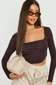 Корсетовый топ с квадратным вырезом и длинным рукавом Boohoo, шоколадный