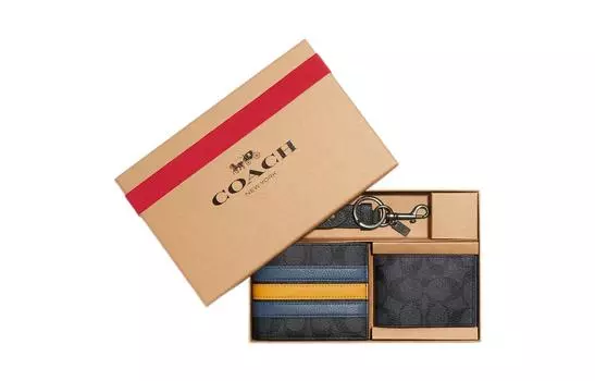 Кошелек 3 в 1 из холста с держателем для карт из шагреневой кожи, мужской, антрацитового и джинсового цветов COACH
