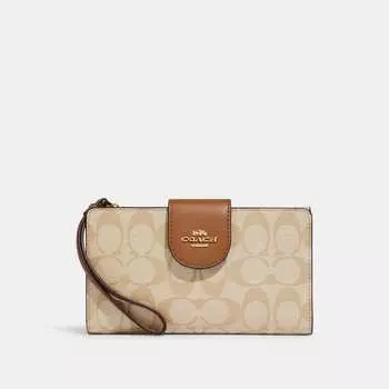 Кошелек Coach Outlet Tech из канвы с цветными блоками, цвет Gold/Lt Khaki/Lt Saddle