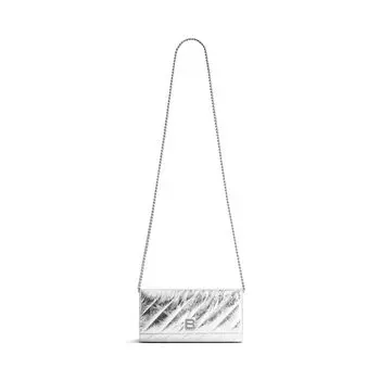 Кошелек Crush Wallet On Chain металлизированный стеганый BALENCIAGA, серебряный