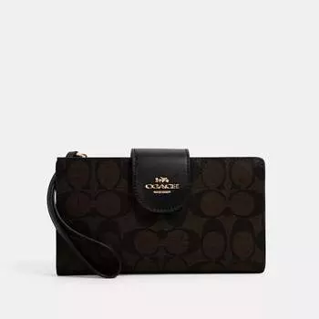 Кошелек для телефона Coach Outlet Tech из канвы с цветными блоками и подписью, цвет Gold/Brown Black