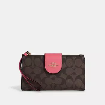 Кошелек для телефона Coach Outlet Tech из канвы с цветными блоками и подписью, цвет Brown/Watermelon
