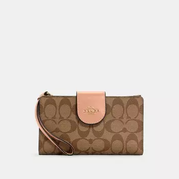 Кошелек для телефона Coach Outlet Tech из канвы с цветными блоками и подписью, цвет Gold/Light Khaki/Faded Blush