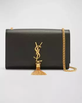 Кошелек Kate YSL среднего размера на цепочке с кисточками из зерненой кожи Saint Laurent, цвет Black