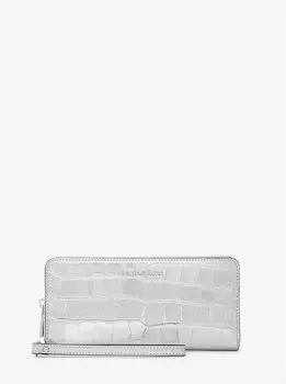 Кошелек континентальный Jet Set Travel из металлической крокодиловой кожи с тиснением Michael Kors, серебряный