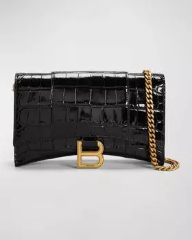 Кошелек на цепочке с тиснением под крокодила Hourglass Balenciaga, цвет 1000 Black