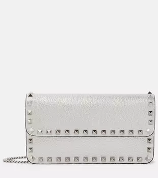 Кошелек rockstud из металлизированной кожи на цепочке Valentino Garavani, серебряный