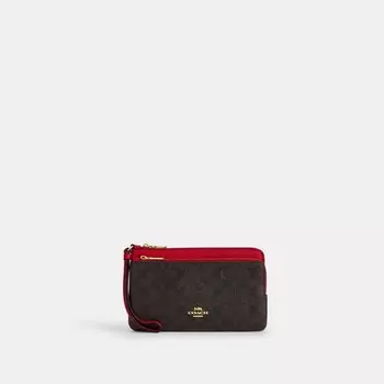 Кошелек с двойной застежкой-молнией COACH, цвет gold/walnut/bold red