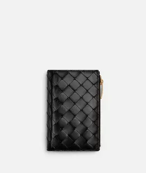 Кошелек среднего размера на молнии в технике интреччато Bottega Veneta, черный
