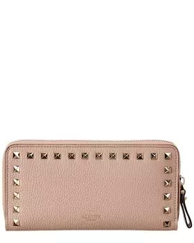 Кошелек Valentino Rockstud из зернистой кожи на молнии по кругу, розовый
