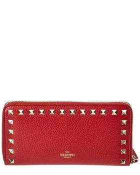 Кошелек Valentino Rockstud из зернистой кожи на молнии по кругу, красный
