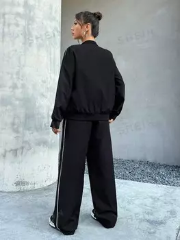 Костюм Coolane, цветной блок, застежка-молния, спортивный, ветрозащитный, с закругленными краями Shein, черный