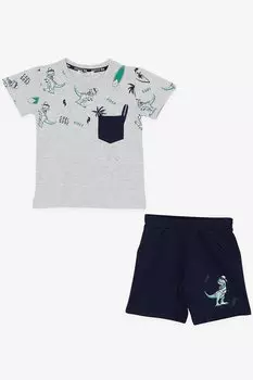 Костюм-шорты для мальчика с карманами, крутой рисунок динозавра, светло-серый меланж (1,5–5 лет) Breeze
