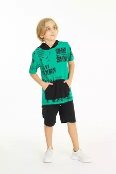 Костюм-шорты с капюшоном и блестящим текстовым принтом для мальчиков 14065 My Serenad, зеленый