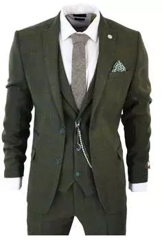 Костюм-тройка из шерстяного твида с узором «ёлочка» TruClothing, оливковый