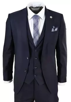 Костюм-тройка Однотонный Темно-синий Классический Индивидуальный крой Умный Повседневный Классический 1920-е годы TruClothing, темно-синий