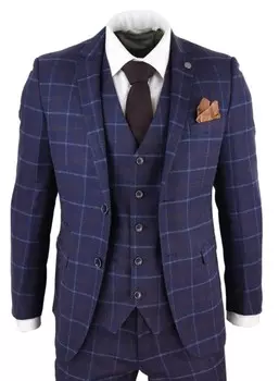 Костюм-Тройка в ретро-стиле из синей шерсти в клетку Paul Andrew, синий
