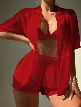 Костюм женский Shein Swim Vcay рубашка и шорты, красный