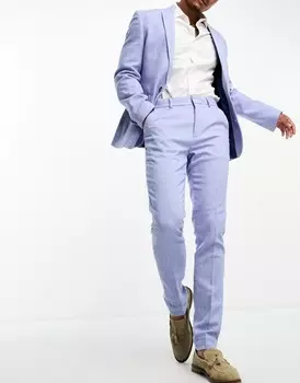 Костюмные брюки скинни из смесовой шерсти ASOS DESIGN пастельно-синего цвета с узором «в елочку»
