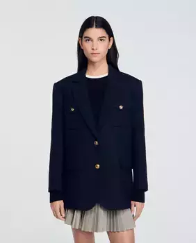 Костюмный женский пиджак оверсайз с золотыми пуговицами Sandro, темно-синий