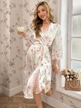 Коттедж Сон пальто со средними рукавами Цветочный узор по всей поверхности разрезать кружевную ткань Для женщин – простая повседневная одежда Shein, мультиколор