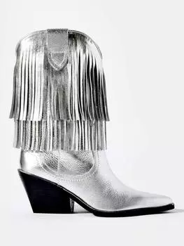 Ковбойские сапоги энни с кожаной бахромой Mint Velvet, серебряный