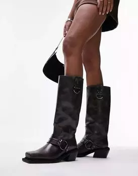 Ковбойские сапоги до колена Topshop Rain из премиальной кожи коричневого цвета