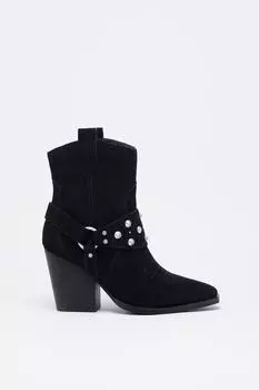 Ковбойские сапоги до щиколотки с замшевыми ремнями и деталями Warehouse, черный