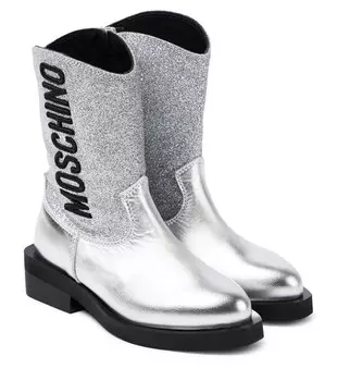 Ковбойские сапоги из кожи с блестками и логотипом Moschino, серебряный