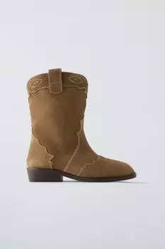 Ковбойские сапоги из расколотой замши ZARA, коричневый