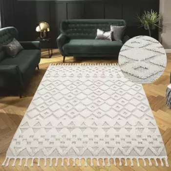 Ковер Andas "Juliane", прямоугольный, высокая-низкая структура, имитация шерсти, бохо, с бахромой 80х150 см, цвет sand