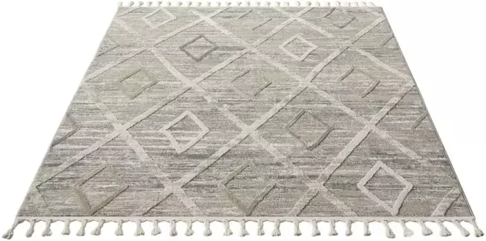 Ковер andas ""Otilie", прямоугольный, плотный, имитация шерсти, бохо, с бахромой и ромбами, Scandi 80х150 см, коричневый