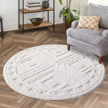 Ковер Carpet City с высоким ворсом "FOCUS777", круглый, ковер в стиле бохо, узор высокий-низкий/3D-эффект, для гостиной, спальни 120 см, цвет Creme