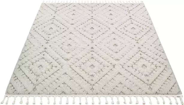 Ковер для дома "Rayan", прямоугольный, высокая-низкая структура, имитация шерсти, бохо, с бахромой, ромбовидный узор My home 60х90 см, цвет natur